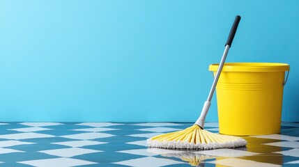 Yellow mop bucket and mop on checkered floor.