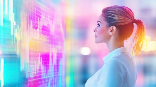 Woman Analyzing Data:  A young woman intently studies a vibrant data display, her focused gaze reflecting the complexity of information she's analyzing.