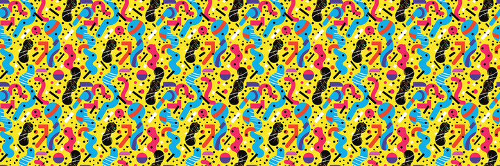 Seamless pattern with geometric shapes in the style. Multicolored vintage background with triangles, circles and squares for textile, fabric and Sudanese fabric art.