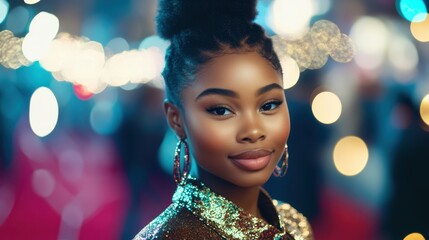 Glamorous Evening Portrait: A radiant young woman with a stylish braided bun and gold sequin jacket smiles confidently against a bokeh backdrop of colorful lights.