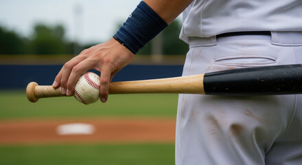 Closeup of baseball player hand with bat and ball.