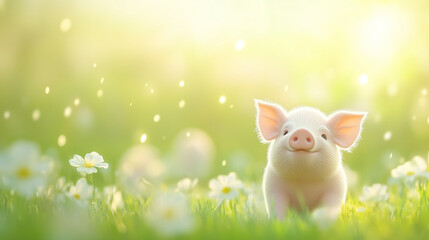 Fototapeta premium Piglet in a Meadow of Daisies: A tiny, adorable piglet, with its pink skin and charming snout, frolics amidst a field of white daisies. Bathed in the soft glow of the setting sun.