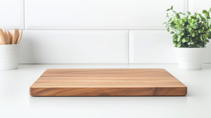 Fototapeta premium Wooden Cutting Board on Kitchen Counter: A pristine, light brown rectangular wooden cutting board rests on a bright kitchen counter, ready for culinary creations. Simple yet elegant.