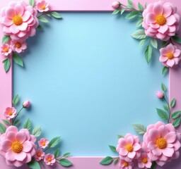 Floral frame with pink flowers and blue center
