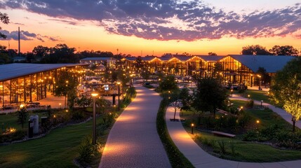 Fototapeta premium Illuminated complex at sunset, paved paths, landscaping