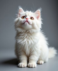 Fluffy White Cat with Amber Eyes Looking Upwards