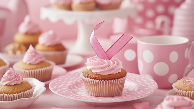 Cupcakes with pink frosting and ribbons coffee cups with pink theme
