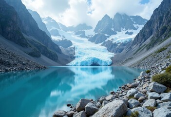 Obraz premium Glacier Reflecting into Aqua Lake Amongst Rugged Mountains