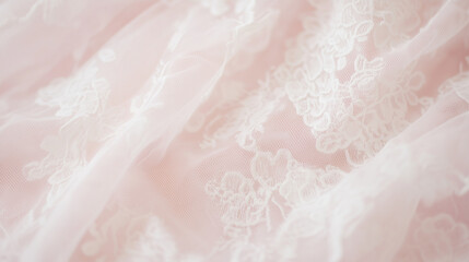 Pink Lace Fabric Texture: Delicate blush pink fabric with intricate white floral lace detailing, creating a soft, romantic, and elegant texture. Perfect for backgrounds, fashion, and wedding themes. 
