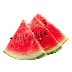 Three slices of ripe watermelon on white background, studio shot, angled view