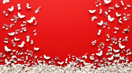 White butterflies and musical notes on red background, celebration design, event invitation
