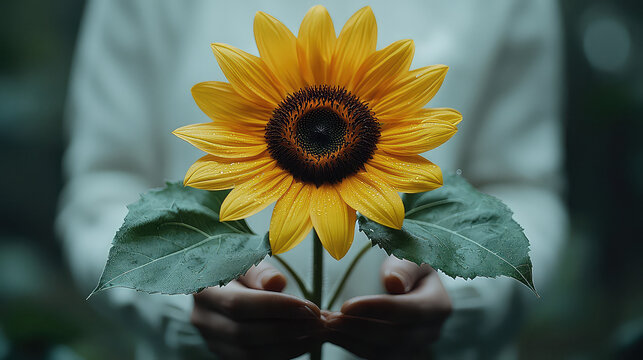 Close-up of hands gently holding a vibrant, single sunflower with water droplets, set against a blurred, dark green background. - Powered by Adobe