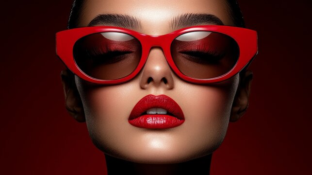 Red Hot Style: Close-up portrait of a woman with her eyes closed, wearing bold red cat-eye sunglasses and vibrant red lipstick against a rich red backdrop. The image exudes confidence and chic style. - Powered by Adobe