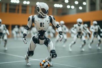 Humanoid robots playing soccer on an indoor field