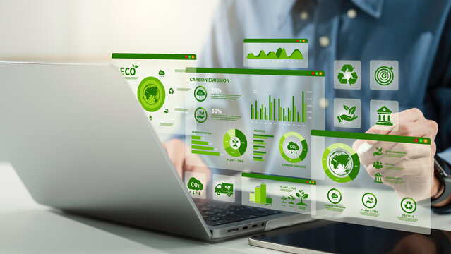 Green business corporate responsibility sustainable environment development goal. World environment day. Businessman use computer analyze ESG Co2 Carbon footprint Emission report graph to net zero