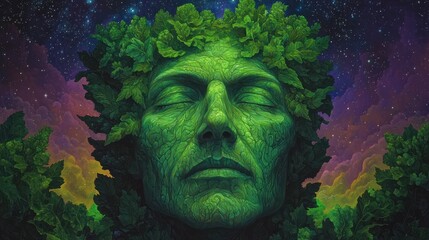 Surreal Portrait of a Green Man Surrounded by Lush Foliage