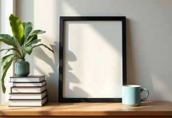 Obraz premium Mockup of Black Frame with Plant and Mug on Wood Table