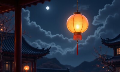 Orange Lantern and Pagodas under a Moonlit Sky