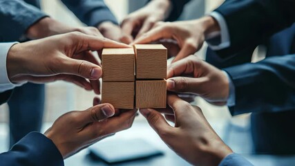 Collaborative teamwork: hands connecting wooden puzzle blocks in unison for business success