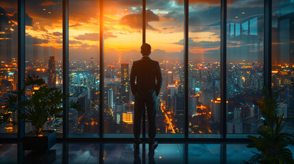 Senior executive in a high-rise corner office, gazing thoughtfully at the sprawling cityscape, in a refined and cinematic modern office environment.