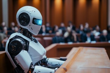 Fototapeta premium White humanoid robot holding tools in a workshop