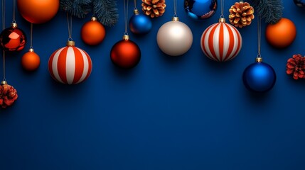 Christmas Ornament Border: Festive Christmas baubles in rich jewel tones of red, orange, and blue hang against a deep blue background.