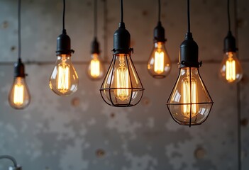 Minimalist Edison Bulb Design: Vintage Style Hanging Lights with Metal Cages & Warm Light Against a Grey Cement Wall. Perfect for Industrial, Loft, or Modern Interior Designs.
