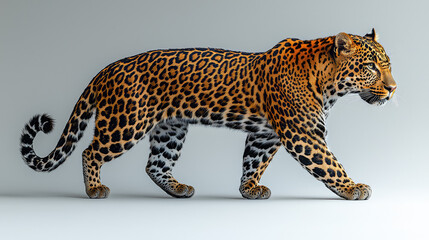 Fototapeta premium A majestic jaguar walks gracefully, showcasing its striking spots and powerful physique against a neutral background.