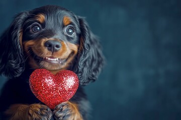 Commercial visual idea art. Gordon setter - my beloved dog. Cute gordon setter pooch with sparkling rhinestones red heart - sign of love, funny greeting card. Valentine's pet decorations.