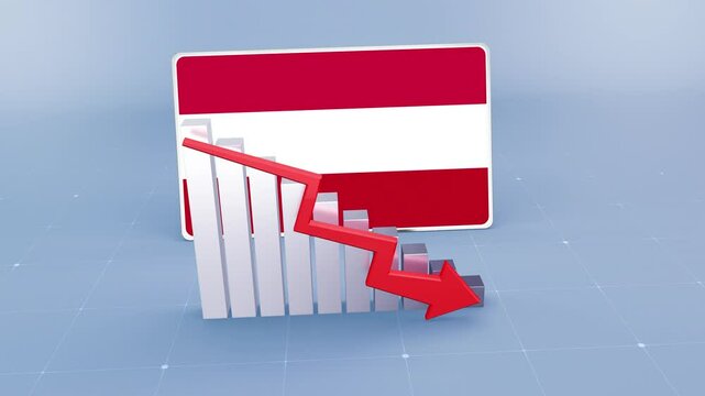 Austria country flag and bar chart graph showing decreasing values a red arrow economic crisis concept. Flag of Austria