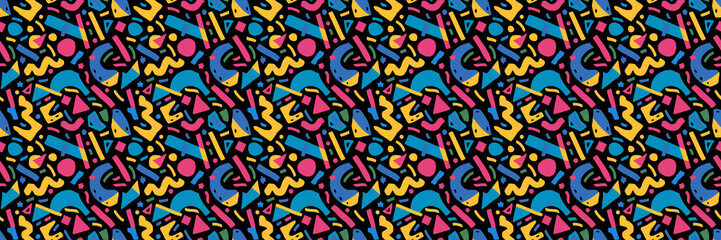 Seamless pattern with geometric shapes in the style. Multicolored vintage background with triangles, circles and squares for textile, fabric and Sudanese fabric art.
