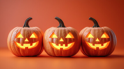 Three illuminated jack-o'-lanterns arranged in a row against an orange background.