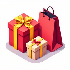 Stylized Gift Boxes and Red Shopping Bag on White