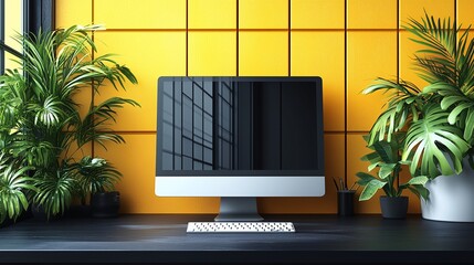 Fototapeta premium Modern Workspace with Computer and Green Plants