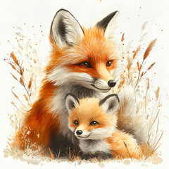 Fototapeta premium Adorable Cartoon Mother and Baby foxes – Kawaii Vector on pastel white background