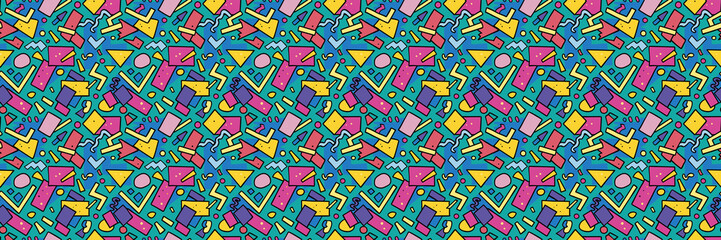 Seamless pattern with geometric shapes in the style. Multicolored vintage background with triangles, circles and squares for textile, fabric and Sudanese fabric art.
