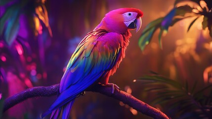 Fototapeta premium Vibrant Scarlet Macaw in Neon Jungle Setting