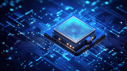 Futuristic CPU on circuit board.