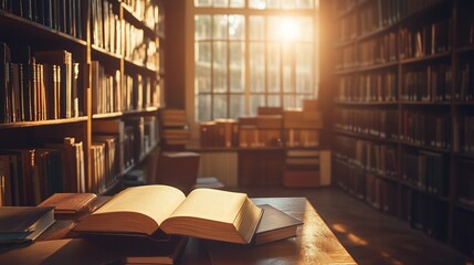 Sunlit Library Serenity an open book on the table in old wooden bookshelf room