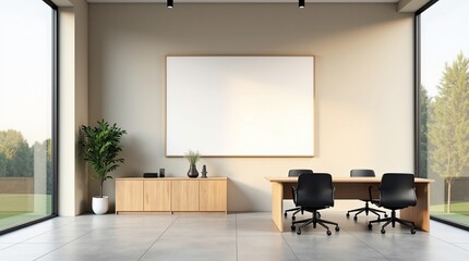 Fototapeta premium Stylish Modern Office Interior with Blank Canvas Mockup, Sleek Contemporary Furniture, and Large Windows Enhancing Natural Light and Productivity