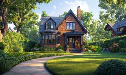 A charming brick house with a well-maintained yard. AI.