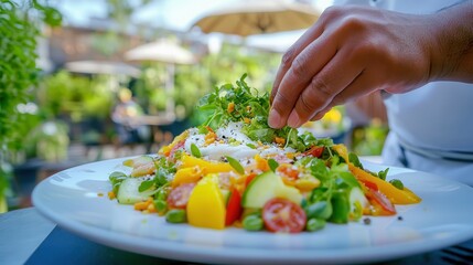 Food and Drink, Plant-Based Cuisine Fresh salad being garnished outdoors with vibrant ingredients.