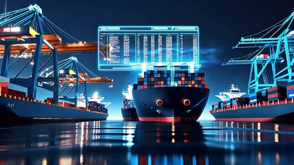 Smart Shipping Port with Container Ships and Cranes Operating Under a Digital Logistics Management Interface

