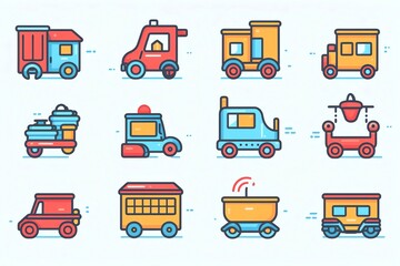 Twelve colorful cartoon delivery vehicles icons.