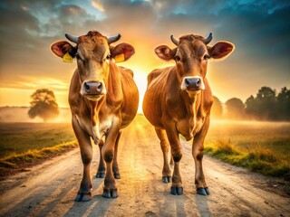 Rustic Countryside Cows: Farm Animals Grazing on Rural Road, Idyllic Pastoral Scene, Brown Cattle Photography
