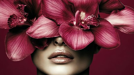 Creatively styled portrait featuring a model adorned with vibrant pink orchids covering her eyes - Powered by Adobe