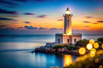 Santa Maria di Leuca Lighthouse Bokeh Photography, Puglia Italy Seascape, Dramatic Night Scene, Coastal Landmark, Italian Coastline