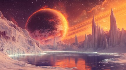Fiery planet looms over icy alien city reflecting in still lake sunset hues. AI Generated