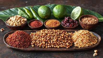 Assortment of Savory Snacks and Zesty Limes on Rustic Surface for Culinary Creations and Flavors.