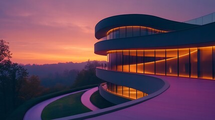 Fototapeta premium Curving modern building glows warmly at sunset showcasing striking architectural design. AI Generated